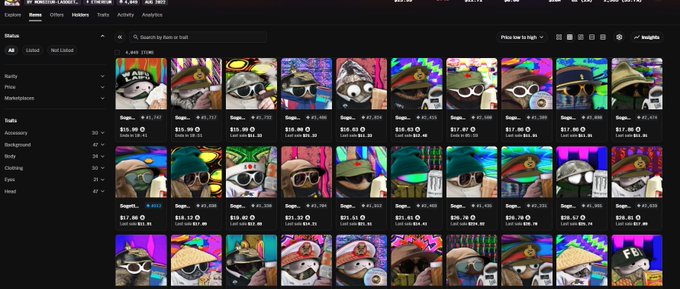 A screenshot of the LooksRare NFT marketplace displaying the "FOMO LAND" collection of 1,338 items, with numerous profile picture-style NFTs featuring various hats and accessories all listed at a uniform price of "Ξ0.0265," reinforcing the post's "no comment." tagline about the seemingly saturated, low-value listings.
