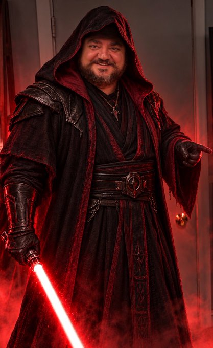 A man with a beard wearing dark, hooded Star Wars Sith robes holding a red lightsaber in a smoky red-lit room.
