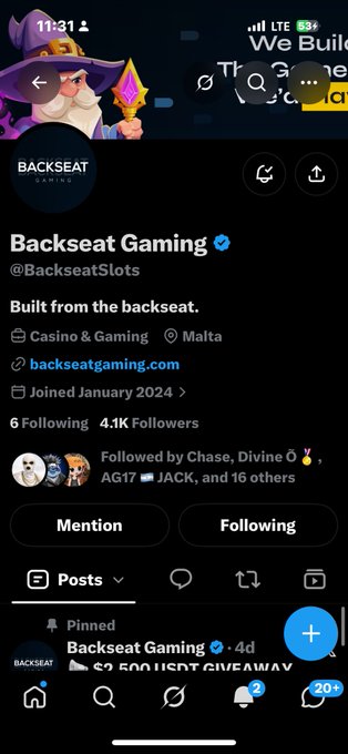 A screenshot of the Backseat Gaming (@BackseatSlots) Twitter/X profile, a Casino & Gaming company based in Malta, showing their verified account with 4.1K followers and a giveaway post.