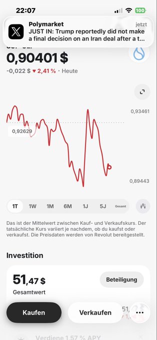 The image shows a close-up view of an iPhone screen displaying information about a trading app. The most important piece of data displayed on the phone's screen is a graph that shows the price increase or decrease of a specific stock over time, along with the date and volume of trades made for that particular stock. The text at the bottom of the image reads "Bought 56 $sui on deepest price ever Like my birthday 5.06 must bring luck now on revolut saw I had no sui there Make me happy @Revolut Forgot I had any sui last time I paid in for perps margin I mean".
