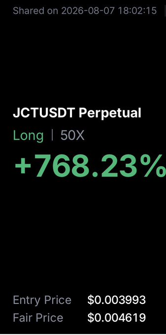 A screenshot of a crypto trading position showing a JCTUSDT Perpetual long trade at 50X leverage with a +768.23% gain, entry price $0.003993 and fair price $0.004619, highlighting an impressive profit on the $JCT token.