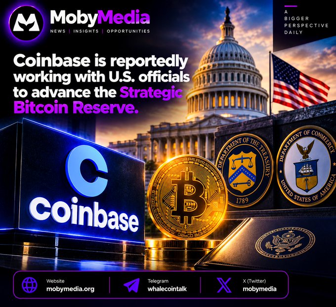 MobyMedia news graphic stating 'Coinbase is reportedly working with U.S. officials to advance the Strategic Bitcoin Reserve,' featuring the Coinbase logo, a Bitcoin coin, U.S. Capitol, and Treasury and Commerce Department seals.