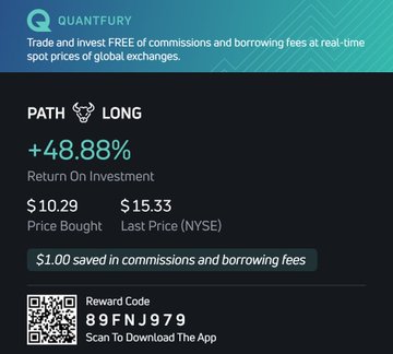 A Quantfury trading app screenshot highlighting a $PATH long position with a +48.88% return, showing a buy price of $10.29 and last price of $15.33 on NYSE, aligning with the post celebrating two recent picks: $PATH up 48.8% and $MP up 33.2%.