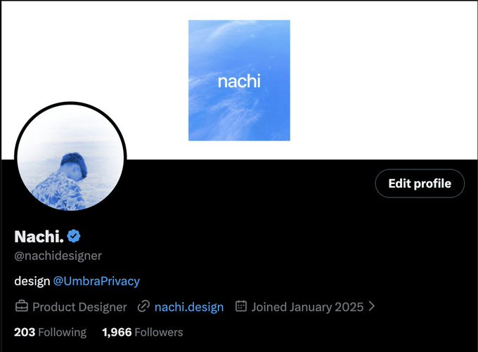 A social media profile page for Nachi (@nachidesigner), a Product Designer at UmbraPrivacy with 1,966 Followers.