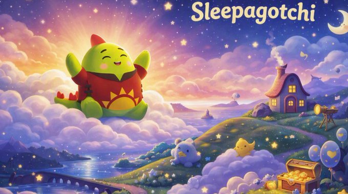 A whimsical illustration titled 'Sleepagotchi' featuring a cute green dragon-like creature in a star-patterned red outfit, set against a colorful dreamlike landscape with clouds, a house, and treasure chests.