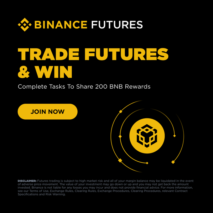 A promotional banner from Binance Futures advertises a "Trade Futures & Win" campaign where users can complete tasks to share 200 BNB in rewards, featuring the Binance Futures logo and a yellow "Join Now" call-to-action button.