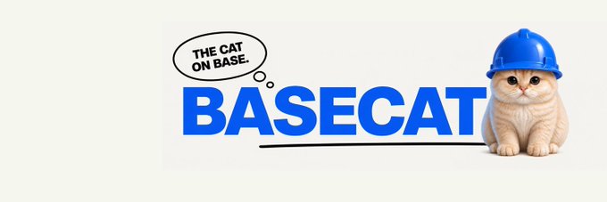 An orange tabby kitten wearing a blue hard hat sits beside bold blue text reading "BASECAT," with a thought bubble above showing "THE CAT ON BASE." The image cleverly ties to the post's message by symbolizing a Binance-style mascot (the cat, referencing Binance CEO CZ's known love of cats) now "on Base" (Coinbase's L2 network), merging the Binance and Coinbase communities with a playful Neiro-inspired twist.