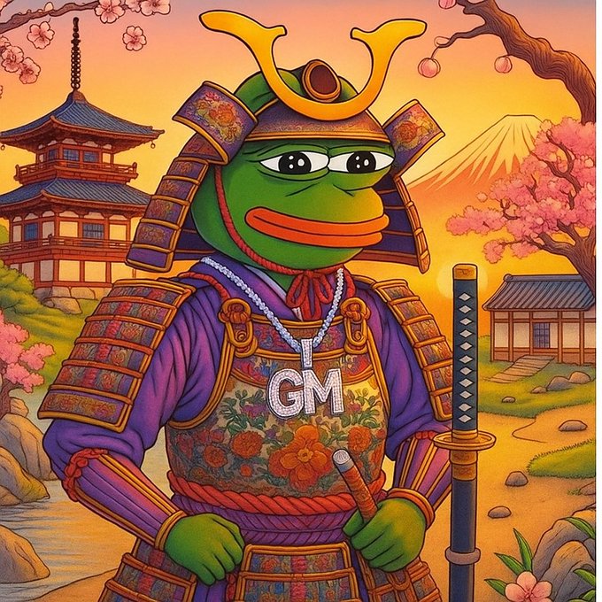 A Pepe the Frog character dressed as an ornate Japanese samurai with 'GM' displayed on its chest plate, set against a background of Mount Fuji and cherry blossoms.