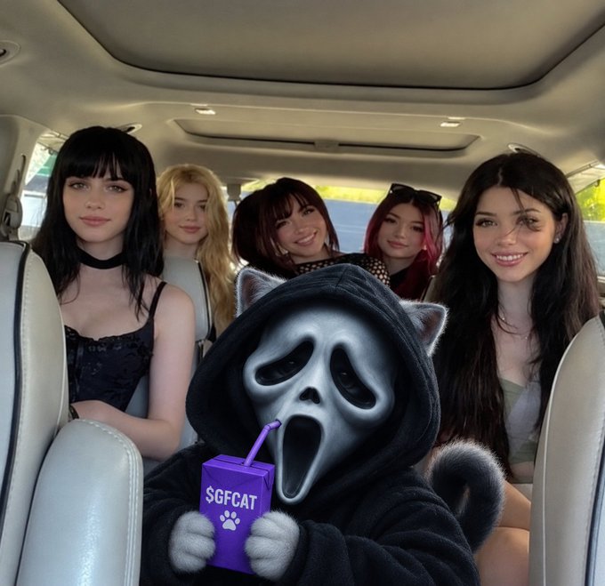 An AI-style image of five women seated in a vehicle with a hooded Scream-like character in front holding a purple “$GFCAT” juice box.