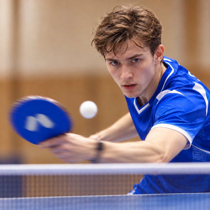 A focused young athlete in a blue jersey intensely eyes the ball as he prepares to strike with his paddle during a competitive table tennis match. His concentrated expression and poised stance capture the sharp mindset the post calls for, making it the perfect visual for weekend competition.
