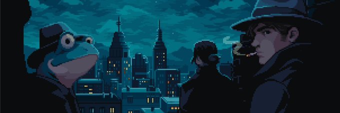 A pixel art scene featuring a detective in a fedora alongside a frog character overlooking a dark city skyline at night.
