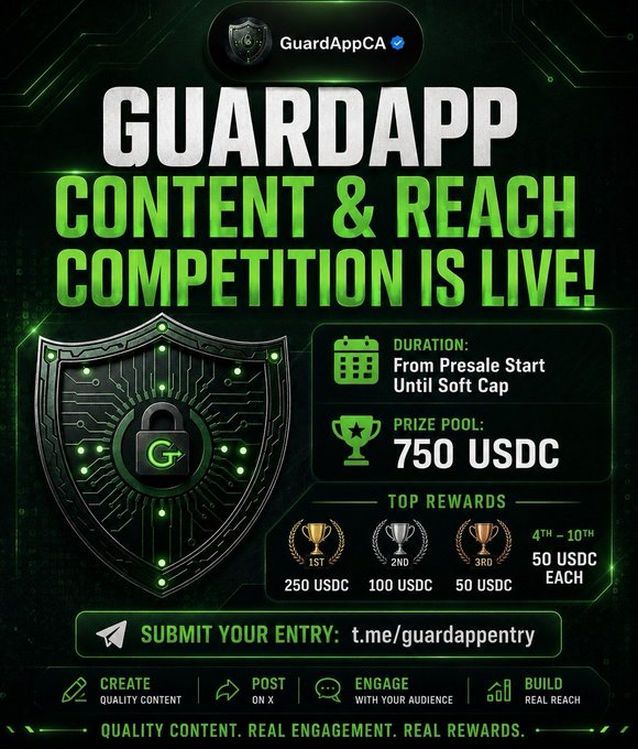 A promotional graphic for the GuardApp Content & Reach Competition, featuring a digital shield with a padlock logo and green circuit-board design. It highlights the 750 USDC prize pool with tiered rewards (250 USDC for 1st, 100 USDC for 2nd, 50 USDC for 3rd, and 50 USDC each for 4th–10th), running from presale start until soft cap, with entry submissions via t.me/guardappentry.