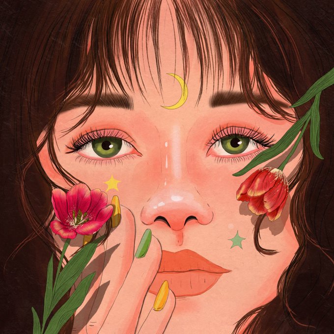 A digital illustration of a young woman with green eyes, a crescent moon on her forehead, a star on her cheek, and pink and red tulips framing her face.