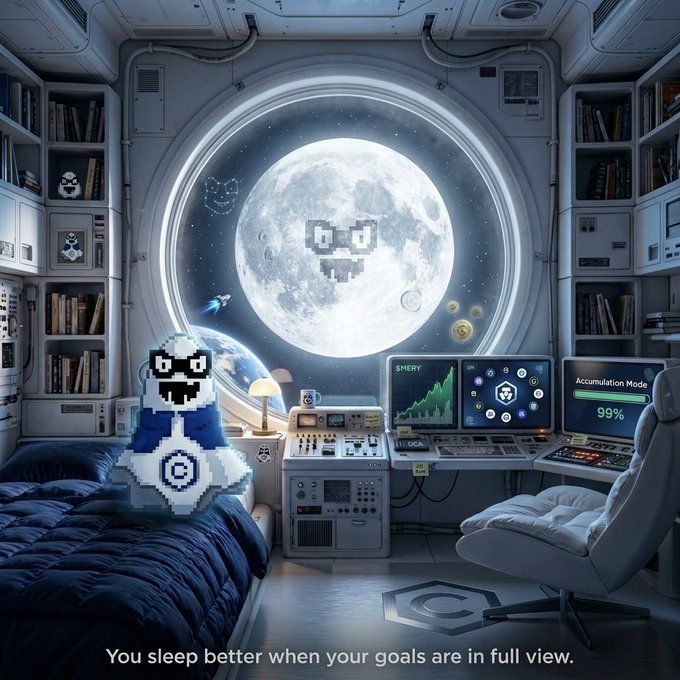 A pixel-art character wearing a jacket with a 'C' logo stands in a futuristic space bedroom, facing a large window with a moon that has a smiling face, with screens showing $MERY and 'Accumulation Mode 99%' and text reading 'You sleep better when your goals are in full view.'