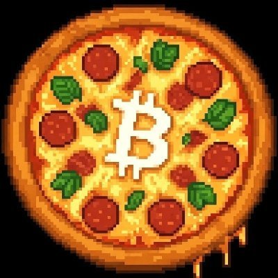A pixel art illustration of a pizza with pepperoni, cheese, and basil, featuring a white Bitcoin 'B' symbol in the center, representing Bitcoin.