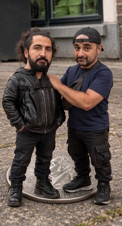 Two men stand on a large decorative medallion on a paved street, posing for the camera; one wears a black leather jacket while the other wears a navy t-shirt and backward cap with his hand on his companion's shoulder.