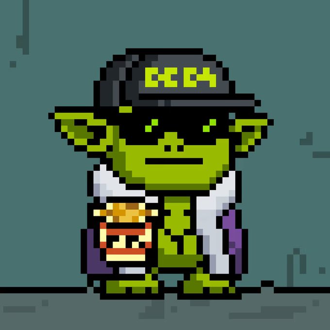 A pixel art goblin-like creature wearing a black "GG" cap, purple jacket, and white scarf holds a Krabby Patty-style burger against a teal background, whimsically accompanying a "GM OrdinalFam" good-morning greeting.