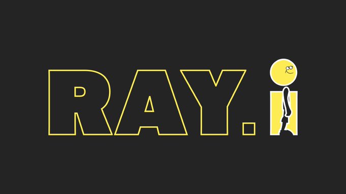 A minimalist graphic on a black background featuring the word 'RAY.' in yellow outline text, with the dot replaced by a yellow smiley face character.