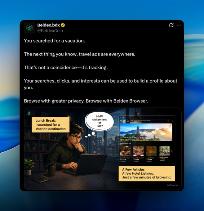A screenshot of a tweet from @BeldexCoin (@Beldex.bdx) about online tracking, with the text 'You searched for a vacation. The next thing you know, travel ads are everywhere. That's not a coincidence—it's tracking.' promoting the Beldex Browser for privacy.