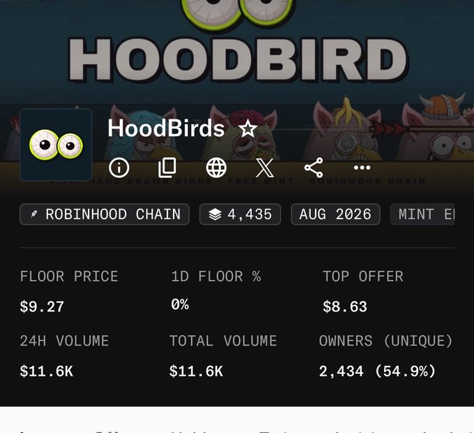 A screenshot shows the HoodBirds NFT collection page on Robinhood Chain, displaying a floor price of $9.27, 24H volume of $11.6K, and 2,434 owners.