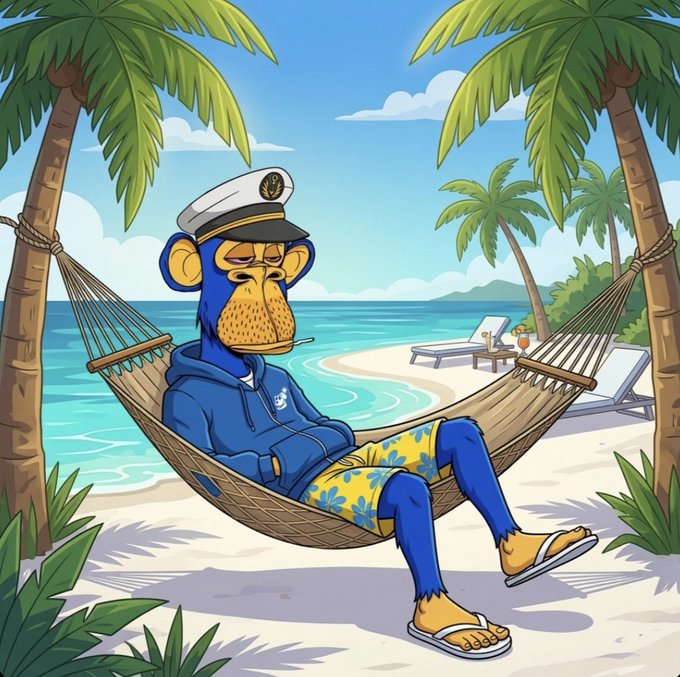 A cartoon illustration of a blue Bored Ape character wearing a sailor hat and yellow floral shorts, relaxing in a hammock on a tropical beach.