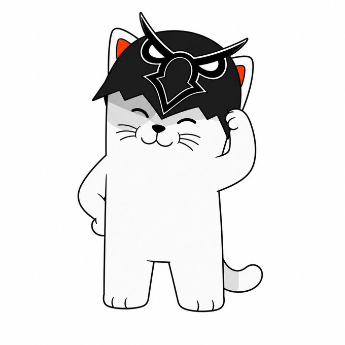 An illustration of a white cartoon cat with a black anime-style hairstyle standing upright and waving, with cat ears visible above its head.