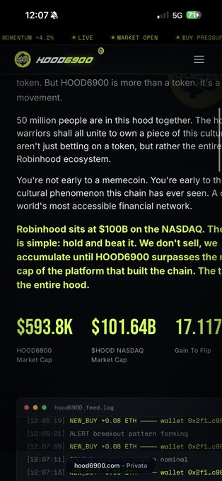 A mobile screen capture of the 'HOOD6900' website displaying promotional text about a 'cultural phenomenon' aiming to surpass Robinhood's $100B market cap, with current metrics shown as Market Cap $593.8K, $HOOD NASDAQ Market Cap $101.64B, and a Gain To Flip ratio of 17.117.