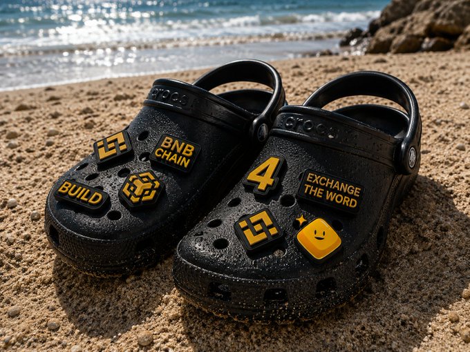 A pair of black Crocs adorned with Binance and BNB Chain charms sit on sandy beach, featuring text including "BNB CHAIN," "BUILD," "EXCHANGE THE WORD," and "4," showcasing branded footwear in a sunny seaside setting that matches the casual, stylish vibe of the post.