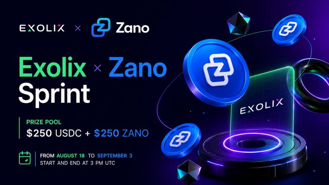 Promotional graphic for the "Exolix × Zano Sprint" with a $250 USDC + $250 ZANO prize pool, running from August 18 to September 3 at 3 PM UTC.