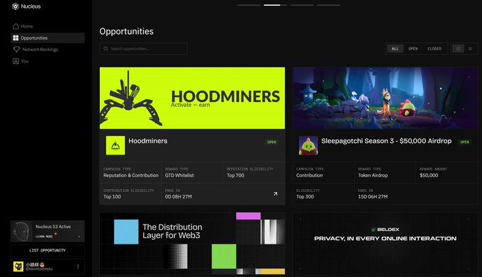 The image shows the Nucleus platform's "Opportunities" page displaying crypto airdrop and mining tasks, featuring a featured "Hoodminers" opportunity with a bright neon green banner indicating it is "OPEN," where participants can earn from a QTO Whitelist with a "Top 700" eligibility and 100 contributor slots, alongside other opportunities like "Sleepagotchi Season 3 - $50,000 Airdrop" which has already concluded with 150 out of 300 claimed in 04 hours and 27 minutes. The sidebar shows the user "dmitriymix" has a "L1ST: OPPORTUNITY" notification for "FUEBOT" and is listed as "Nucleus S3 Active," directly connecting to the post's discussion about Nucleus's recent TGE success where the top reward reached 10kU and the first 300 participants were guaranteed at least $200 with only 50% unlocked.