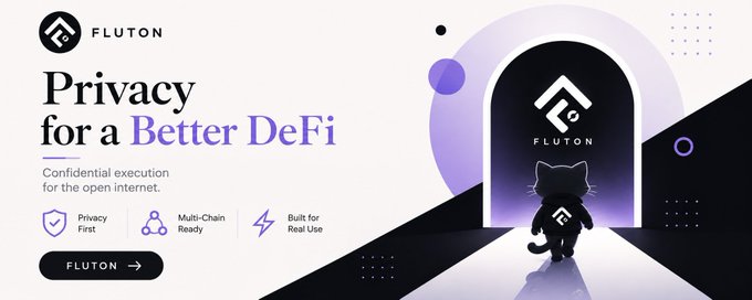 Promotional banner for FLUTON, a blockchain project, featuring the headline 'Privacy for a Better DeFi' and describing it as 'Confidential execution for the open internet' with 'Privacy First', 'Multi-Chain Ready', and 'Built for Real Use'.