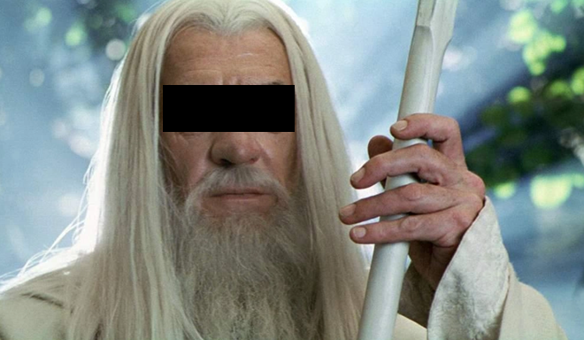 An elderly bearded wizard with long white hair holds a staff, with a black censor bar obscuring his eyes. The image evokes the iconic appearance of Gandalf the White from *The Lord of the Rings*, humorously paired with the caption comparing Zcash to an enlightened, evolved version of Bitcoin.