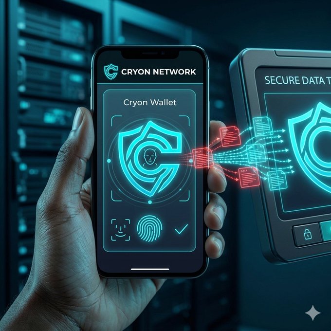 The image shows a person holding up their phone displaying a security screen with a QR code that reads "Cyon Network". The phone's screen also has an overlay of a face, possibly representing a fingerprint or facial recognition technology used for secure data transfer. The background is dark and features a server room setting, which could be related to the development or testing of Cryon Network's identity protocols.