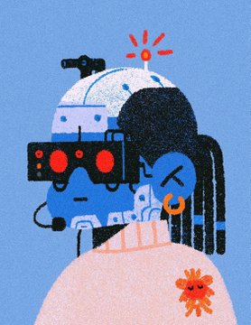 A digital illustration on a light blue background featuring a stylized blue-skinned character with red digital goggles and a dome-like head piece, with a small orange figure floating nearby.