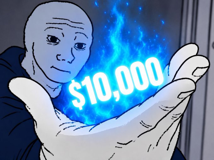 The image features a cartoon character holding up a $10,000 bill with blue flames coming out of it. The text "10,000" is written above the bill, which suggests that there might be an event or promotion related to this amount in the post. The character's expression and body language convey a sense of excitement or anticipation for the reward.