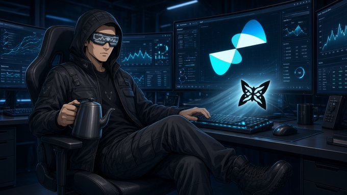 An illustration showing a person in a hood and visor sitting at a multi-monitor computer setup holding a teapot, with a Morpho (MORPHO) logo displayed on one of the screens.
