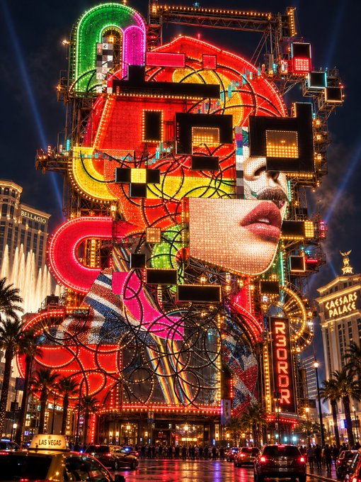 A vibrant, cyberpunk-style image of a massive digital billboard in Las Vegas featuring colorful neon shapes and a woman's face, with the Bellagio and Caesars Palace visible in the background.
