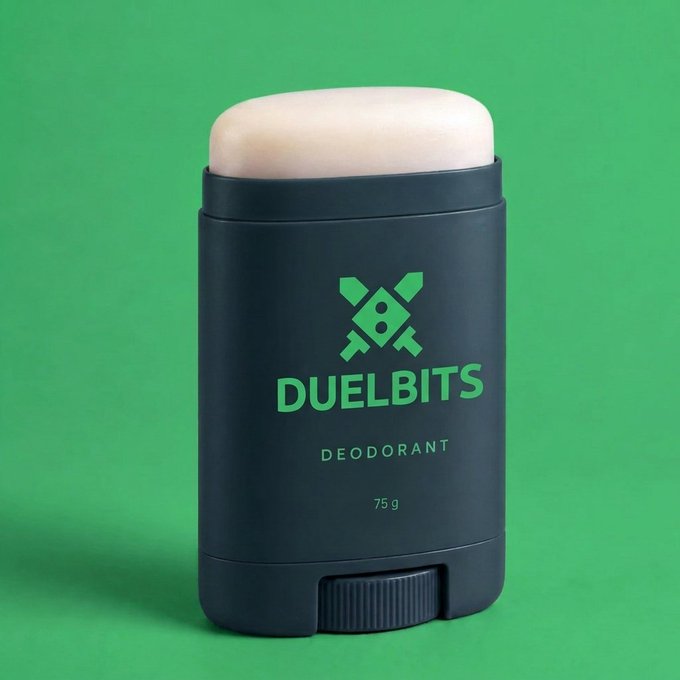 A dark navy deodorant stick labeled "DUELBITS DEODORANT 75 g" with a green crossed-swords logo is displayed against a bright green background, visually reinforcing the Duelbits brand mentioned in the accompanying post about staying fresh while stacking wins.