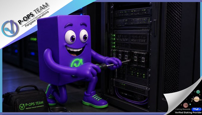 A 3D-rendered purple mascot character with green accents holding a screwdriver while working on a server rack, with 'P-OPS TEAM -Pangaea Operations-' branding in the corner and 'Staking Rewards Verified Staking Provider' text at the bottom right.