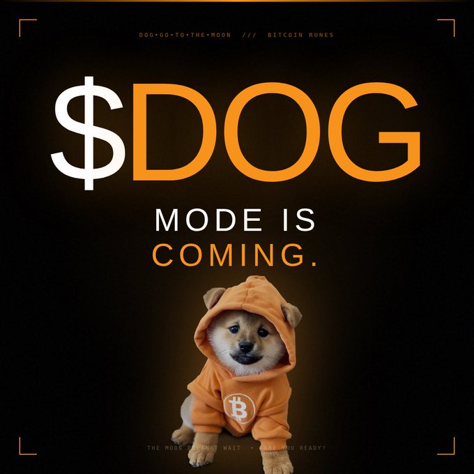 Promotional poster for '$DOG - GO TO THE MOON /// BITCOIN RUNES' featuring a Shiba Inu puppy in an orange Bitcoin hoodie, with the text 'MODE IS COMING.' and 'THE MOON CAN WAIT - ARE YOU READY?'