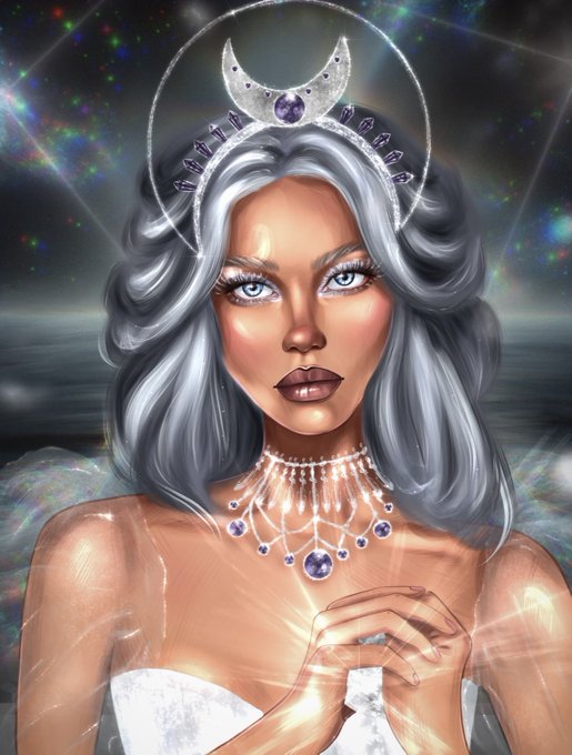 A digital illustration of a fantasy character with silver hair, blue eyes, and a crescent moon headpiece, wearing an ornate jeweled necklace against a cosmic background.
