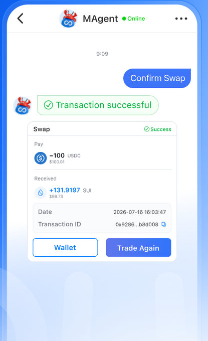 The image shows a successful swap transaction in a chat interface with MAgent, where -100 USDC ($100.01) was exchanged for +131.9197 SUI ($99.73) on July 16, 2026, demonstrating a real-world use case of the SUI ecosystem that the post promotes through Loqua's AI Agent messaging app.