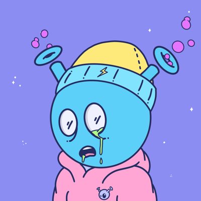 A cartoon blue alien character wearing a backwards yellow cap and pink hoodie appears drowsy with drool dripping from its mouth, surrounded by bubbles and stars on a purple background. The image ties into the bullish sentiment expressed in the post about Quirkies NFT holding strong at 1 ETH, with the character's zoned-out expression humorously representing the confidence in the project's breakout potential.