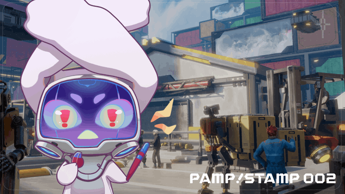 The image features a cartoon character wearing a white headband, standing next to a poster that says "PAMP!STAMP 002" and has a picture of a robot on it. The poster also includes text about drone orders coming in fast and the need for more parts. There are several people visible in the background, possibly workers or customers at a warehouse.