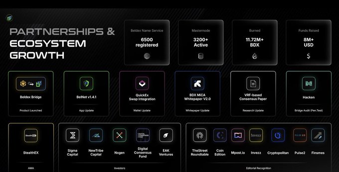 A dark-themed presentation slide titled 'PARTNERSHIPS & ECOSYSTEM GROWTH' showcasing Beldex metrics including 6500 registered Beldex Name Services, 3200+ Mastenodes, 11.73M+ BDX burned, and $9M+ USD funds raised, along with feature updates like Beldex Bridge and BeNet v1.4.1.