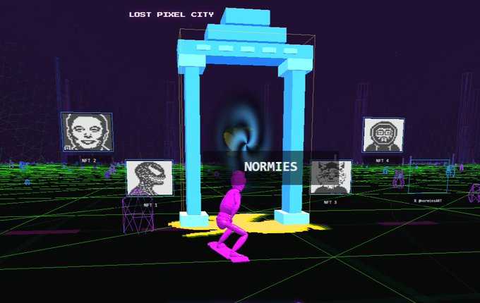 A 3D virtual scene titled 'LOST PIXEL CITY' featuring a pink figure standing before a blue portal archway labeled 'NORMIES', with surrounding billboards displaying NFT avatars.
