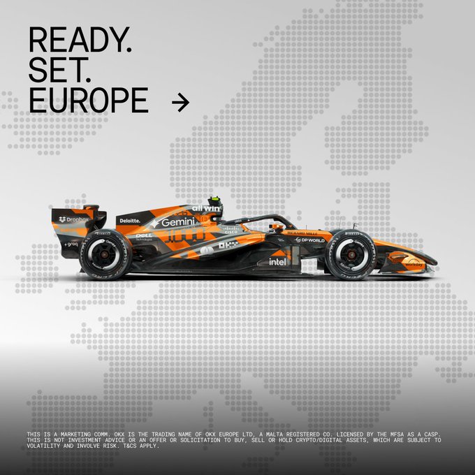 A McLaren Formula 1 race car with OKX branding is displayed against a dotted world map background, accompanied by the bold text "READY. SET. EUROPE →" — visually reinforcing the message that OKX is now MiCA-authorized and ready to operate across Europe.