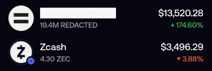 A dark-themed cryptocurrency portfolio screenshot showing a redacted account with a balance of $13,520.28 (up 174.60%) and Zcash (ZEC) with a balance of 4.30 ZEC valued at $3,496.29 (down 3.88%).