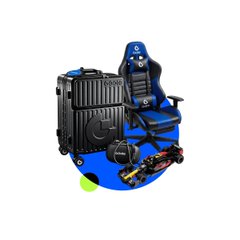 A black hard-shell suitcase converted into a blue and black gaming chair setup, complete with a headset, microphone, and racing-style steering wheel accessory.