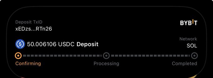 A Bybit transaction status screen shows a deposit of 50.006106 USDC with TxID 'xEDzs...RTn26' on the SOL network, currently in the 'Confirming' stage.